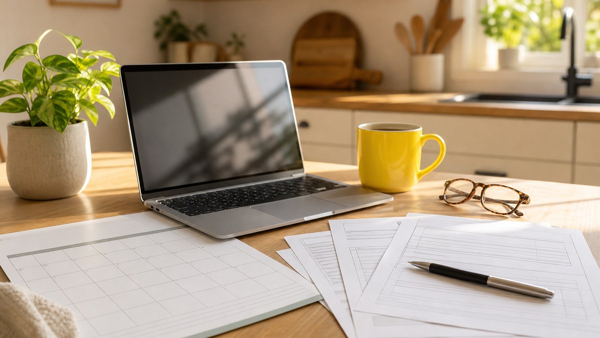 Wall calendar, a laptop and blank tax forms on a kitchen table, ready for planning a year-end gift