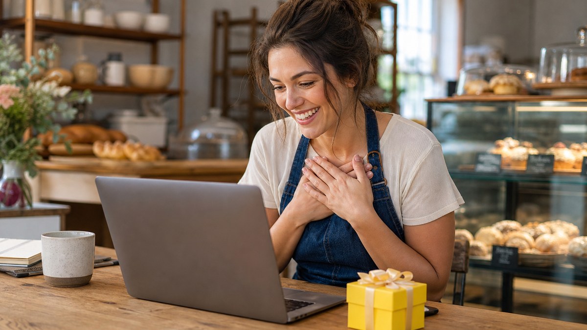 Small business founder at a laptop smiling as a gift notification arrives for her launch