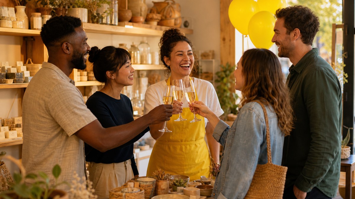 Friends raising glasses with a smiling owner at the opening of a small neighborhood shop