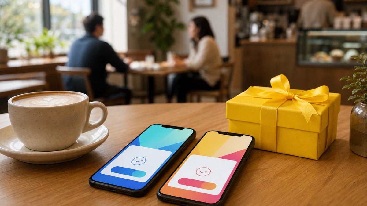 Two unbranded smartphones side by side on a cafe table, comparing ways to send a gift to a new small business