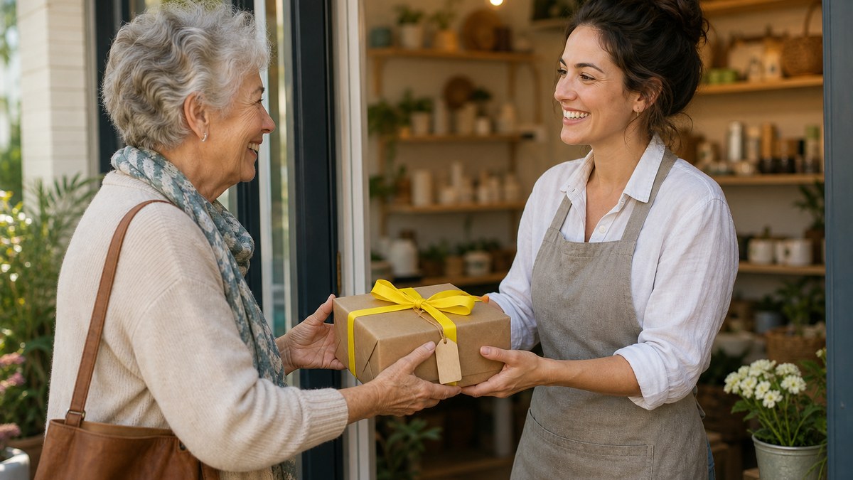 Parent handing a wrapped gift box to an adult child in front of her new small shop before opening day